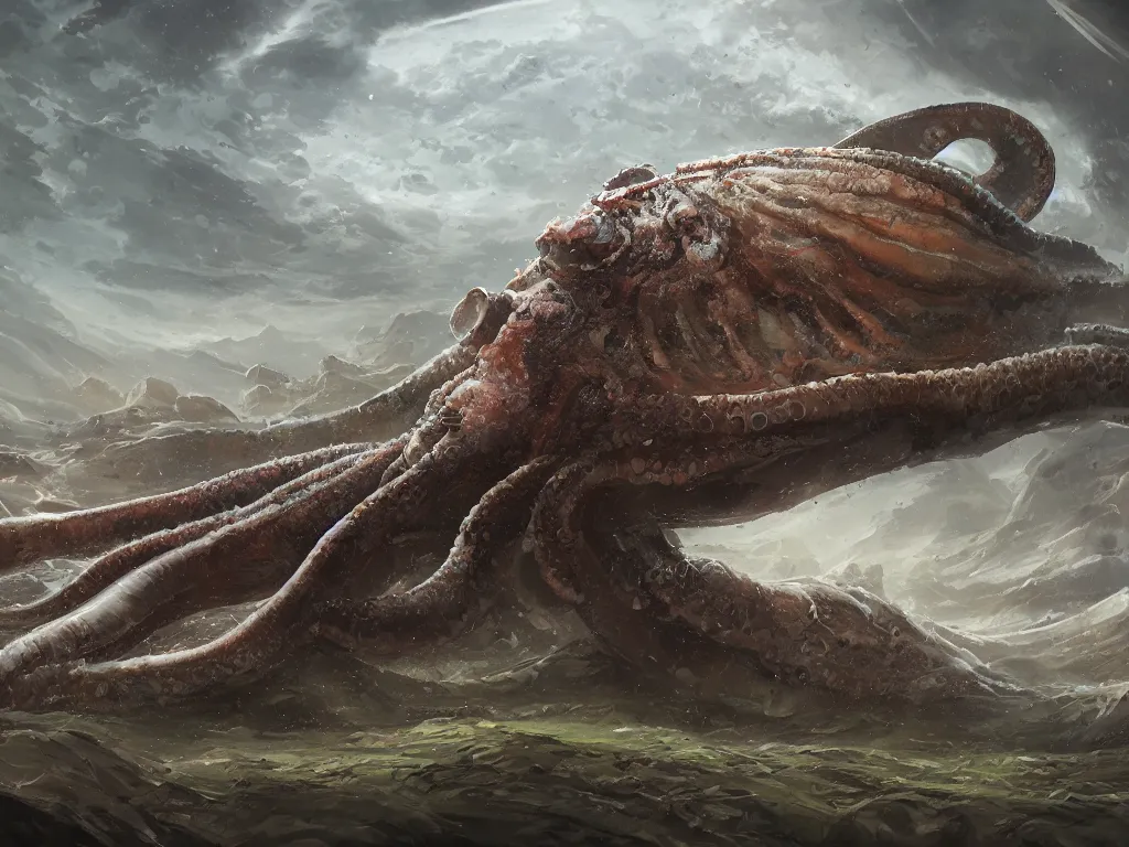 Image similar to a huge cephalopod rolling down the hill, digital painting, trending on artstation, deviantart, 8k, epic composition, intrinsic details, perfect coherence