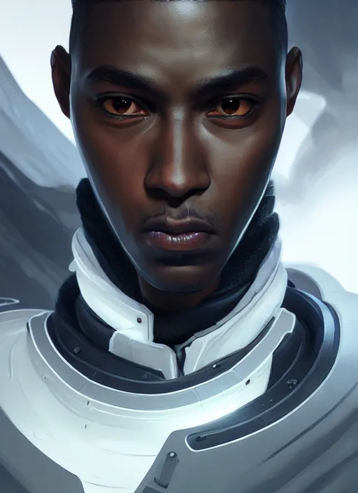 Prompt: portrait of a young black man with a mohawk and a solid black pupils, wearing futuristic techwear highly detailed, digital painting, artstation, concept art, smooth, sharp focus, illustration, art by wlop, uang guangjian and gil elvgren and sachin teng and greg rutkowski