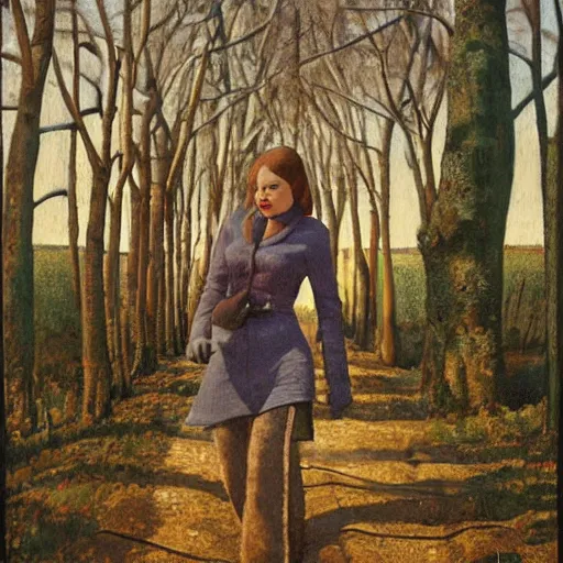 Image similar to emma stone in boots walking to outdoor toilet, winter, russian depression, chthonic, by grant wood, shulzhenko, nikolay kopeykin, lozhkin, vdovenko