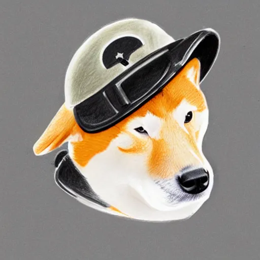 Image similar to A drawing of a Shiba Inu dog wearing a soldier's helmet, color