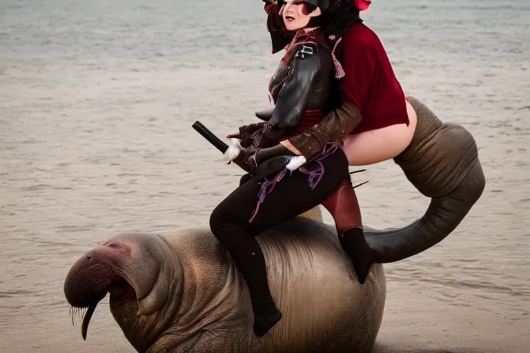 Image similar to a beautiful woman riding on the back of a walrus, cosplay, photoshoot