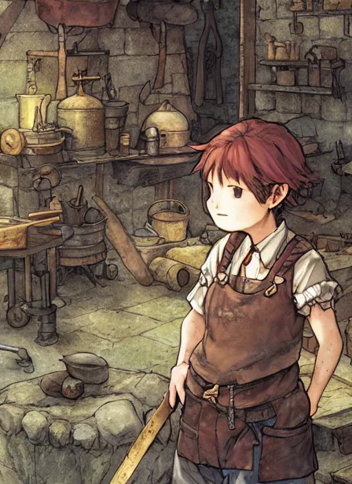 Image similar to tomboy blacksmith at the smithy, hidari, color page, tankoban, 4K, tone mapping, Akihiko Yoshida.