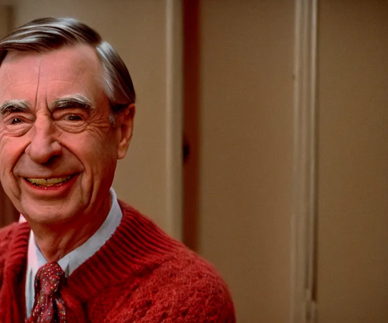 Prompt: still image of mr rogers in the shining, cinematic, intense, scary, frightening, creepy, anamorphic, dramatic 4 0 mm f / 2. 8