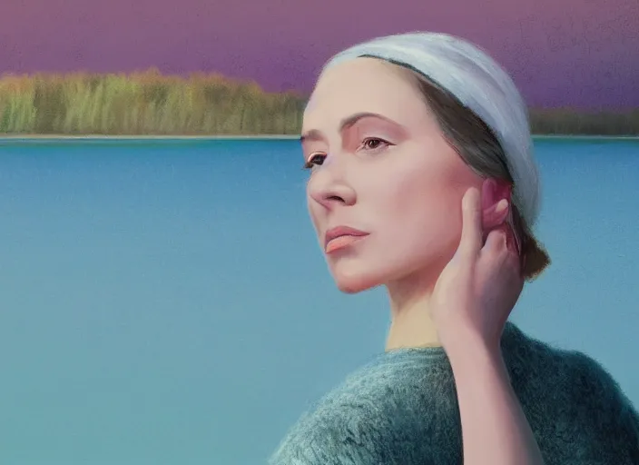 Image similar to cinematic mid shot of a high detail, refined woman's face looking off camera. fine facial features. she stands in an empty, pastel colourful 3 d, lake scene, shallow depth of field, floating in the sky, by jeffrey smart and gregory crewdson and edward hopper, inspired by the grand budapest hotel