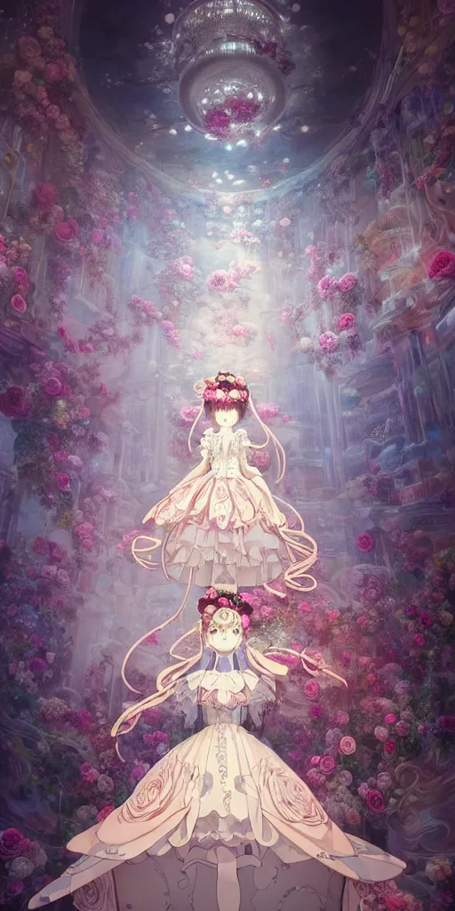 Prompt: the beautiful hyperdetailed physical rendering of a rose wedding gothic lolita dress clothing design display in exhibition hall, exhibition hall lighting, in the style of makoto shinkai victo ngai and peter mohrbacher studio ghibli artgerm karol bak beeple, surrealistic style, close range, 8 k hd, 3 drender