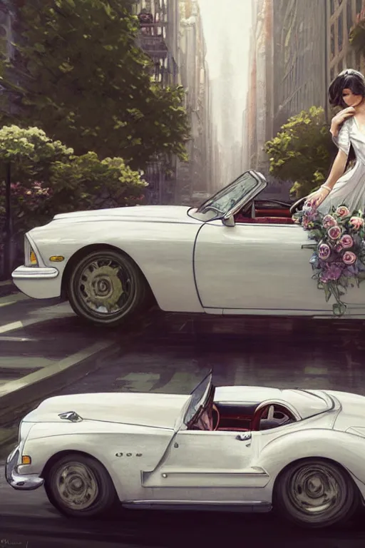Prompt: ultra realistic illustration, old white vintage car in the new york city with flowers blooming out the window, side view, elegant, highly detailed, digital painting, concept art, smooth, sharp focus, illustration, art by artgerm and greg rutkowski and alphonse mucha