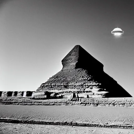 Image similar to ufo over the sphinx, film grain, shaky camera, black and white, award winning photograph,