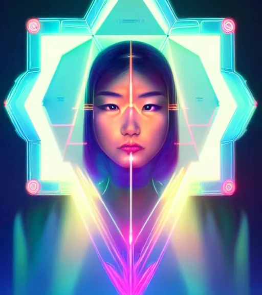 Image similar to symmetry!! asian princess of technology, solid cube of light, hard edges, product render retro - futuristic poster scifi, lasers and neon circuits, beautiful asian princess, intricate, elegant, highly detailed, digital painting, artstation, concept art, smooth, sharp focus, illustration, dreamlike, art by artgerm