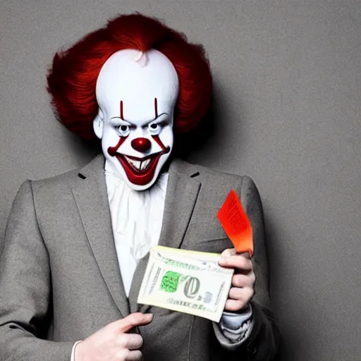 Image similar to Pennywise the clown wearing a business suit and holding a banknote in his hands, full body shot