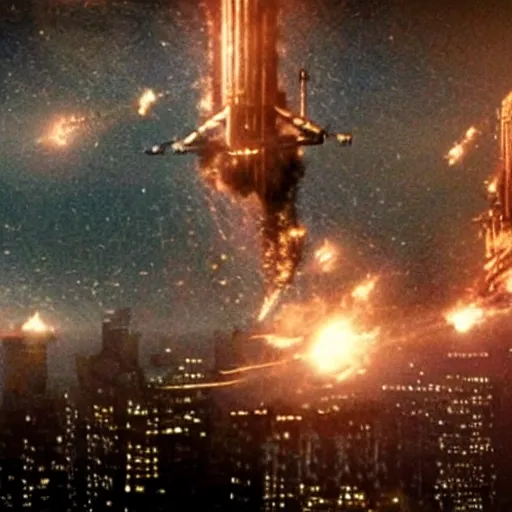 Image similar to Starship falling from tje sky on New York city, still from latest Michael Bay sci-fi movie