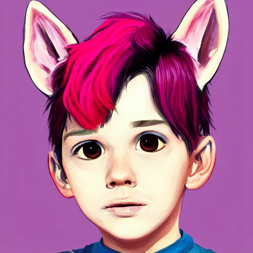 Image similar to a painting of a cute boy with pink hair and pink wolf ears, artstation, artistic, highly detailed