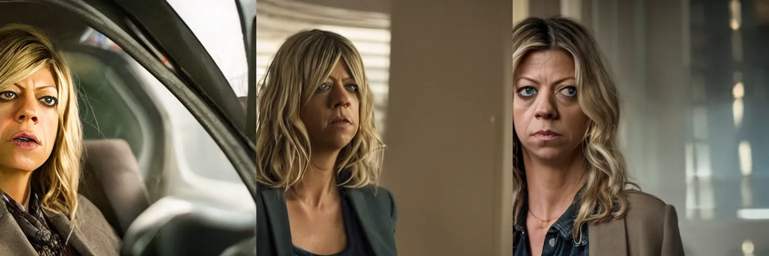 Prompt: close-up of Kaitlin Olson as a detective in a movie directed by Christopher Nolan, movie still frame, promotional image, imax 70 mm footage