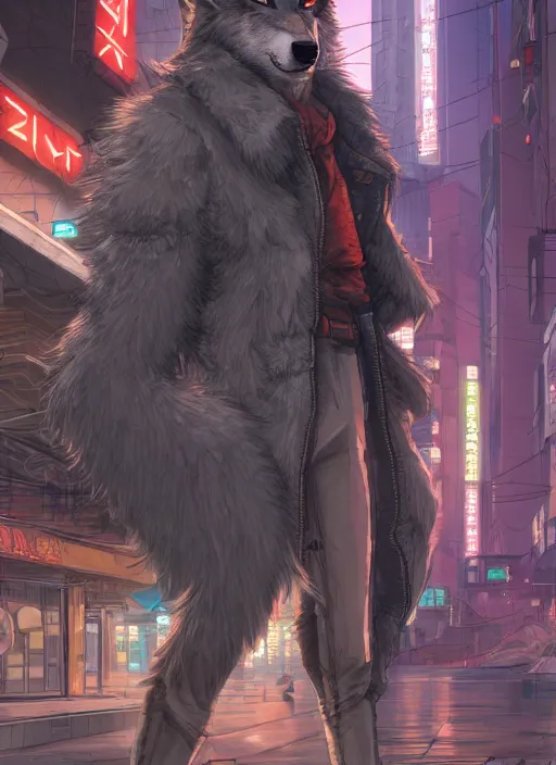 Image similar to character portrait of a male anthro wolf fursona with a tail and a cute beautiful attractive detailed furry face wearing stylish cyberpunk clothes in a cyberpunk city at night while it rains. hidari, color page, tankoban, 4K, tone mapping, Akihiko Yoshida.