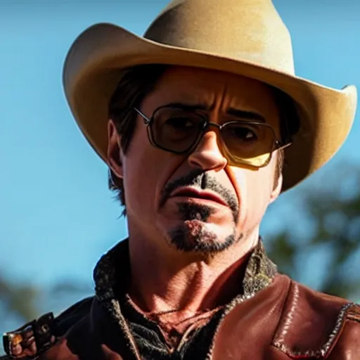 Image similar to robert downey jr as cowboy, an film still, cinematic