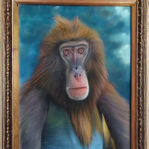 Image similar to An exquisite oil painting of a mandrill baboon dressed like Prince Philip with a lovely beard