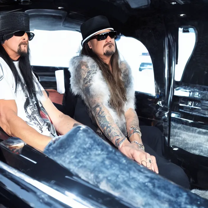 Image similar to highly detailed photograph of kid rock wearing a dress while driving in a limo with putin, movie still, 8 k,