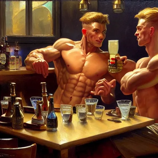 Image similar to attractive muscular aliens with brunet hair and attractive muscular alien with blond hair. pants and shorts, drinking their hearts out, in a pub. very defined and detailed painting by j. c. leyendecker, gaston bussiere, craig mullins 8 k