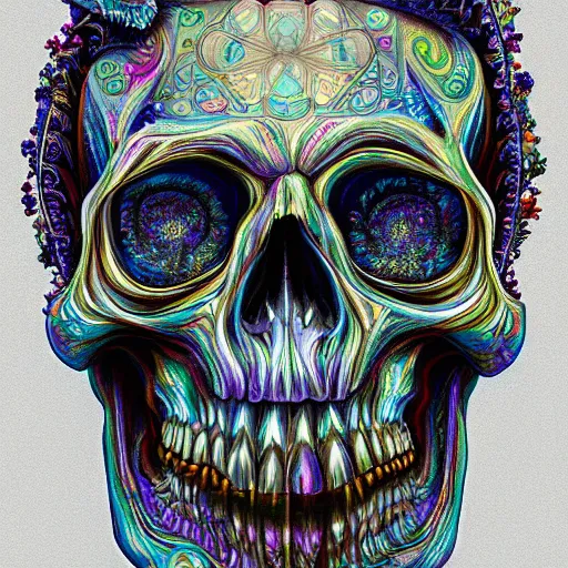 Prompt: An extremely psychedelic portrait of a skull, surreal, LSD, face, detailed, intricate, elegant, lithe, highly detailed, digital painting, artstation, concept art, smooth, sharp focus, illustration