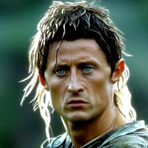 Image similar to a close shot of robert lewandowski as aragorn in the lord of the rings movie,,, fantasy, lord of the rings, movie screen shot