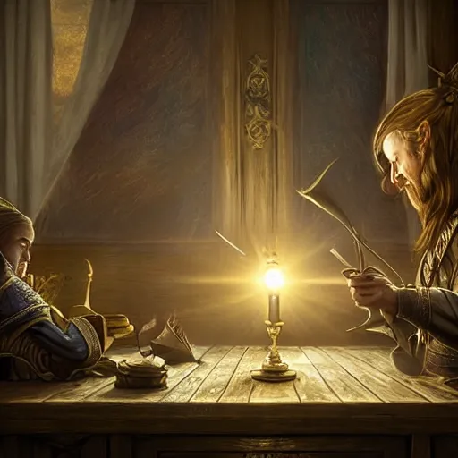 Prompt: the elder scrolls vi majestic gracious high elf merchant portrait, indoors rustic clothing shop, painted, dark room, one point of light coming through the window, atmospheric lighting, painted, intricate, volumetric lighting, beautiful, golden hour, sharp focus, ultra detailed, by leesha hannigan, ross tran, thierry doizon, kai carpenter, ignacio fernandez rios