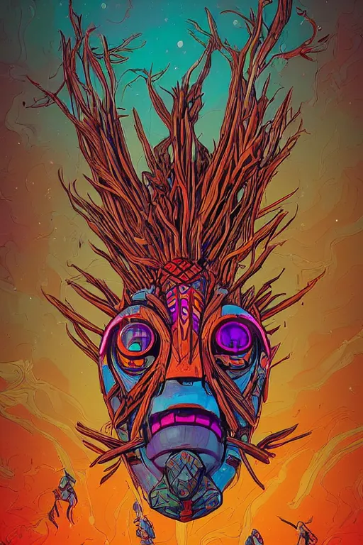 Image similar to totem animal tribal chaman vodoo mask feather gemstone plant wood rock video game illustration vivid color borderlands by josan gonzales and dan mumford radiating a glowing aura