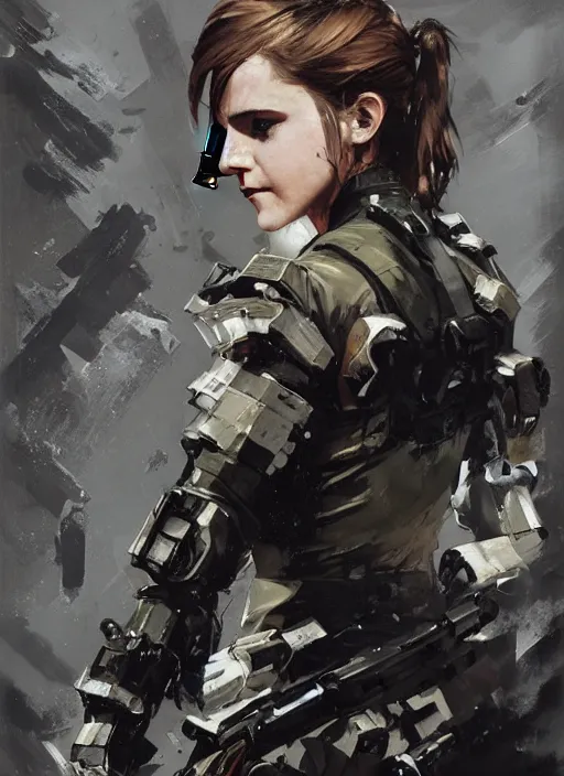 Image similar to emma watson wearing metal gear armor holding ak-47 dramatic lighting art by Yoji Shinkawa by Richard Schmid by greg rutkowski by Sandra Chevrier by Jeremy Lipking cinematic dramatic