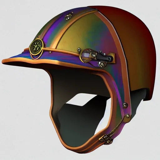 Prompt: steampunk rainbow full face helmet with slide up visor, concept art, render