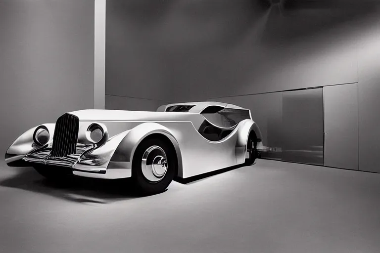 Image similar to single futuristic duesenberg model sj concept, inside of a minimalist Tokyo garage, ektachrome photograph, volumetric lighting, f8 aperture, cinematic Eastman 5384 film