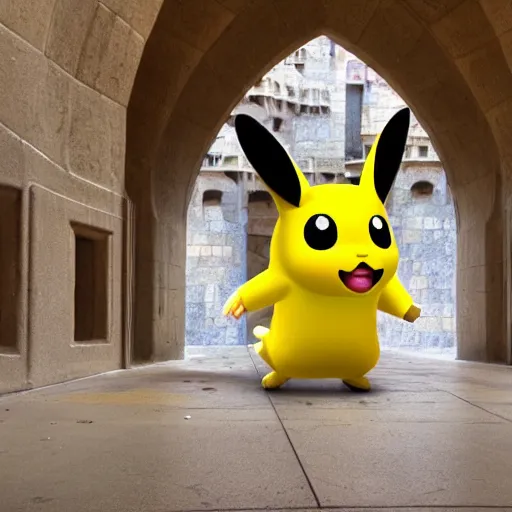 Prompt: picachu firing an impact thunderbolt at the sagrada familia