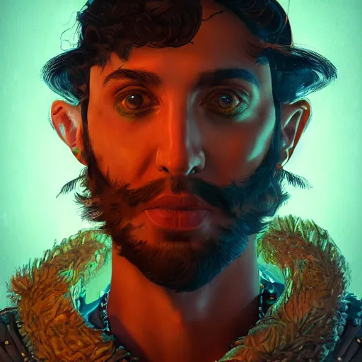 Image similar to an oil art close up portrait of young man, roma mage, with lovecraftian magic in style of disco elysium character, gipsy man jester character design from ravenloft, 4 k, ultra detail, volumetric lighting, unreal engine, octane render