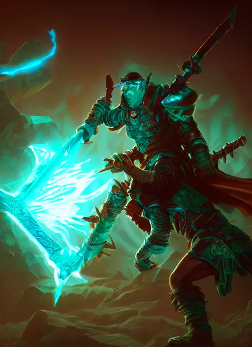 Prompt: Battleaxe Glowing emanating teal energy, dungeons and dragons, highly detailed, digital painting, sharp focus, illustration, Unreal Engine, 8k, HD
