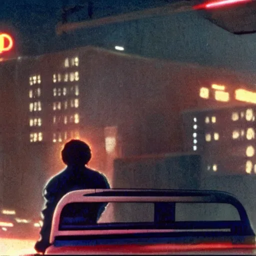 Prompt: at night, a white teenage girl with a pixie haircut in an oversized man's jacket catches a ride on the back of a truck as it drives towards the factory district : a still from a sci - fi dystopian cyberpunk film by steven spielberg from 1 9 8 0 s, shot on 3 5 mm film by janusz kaminski