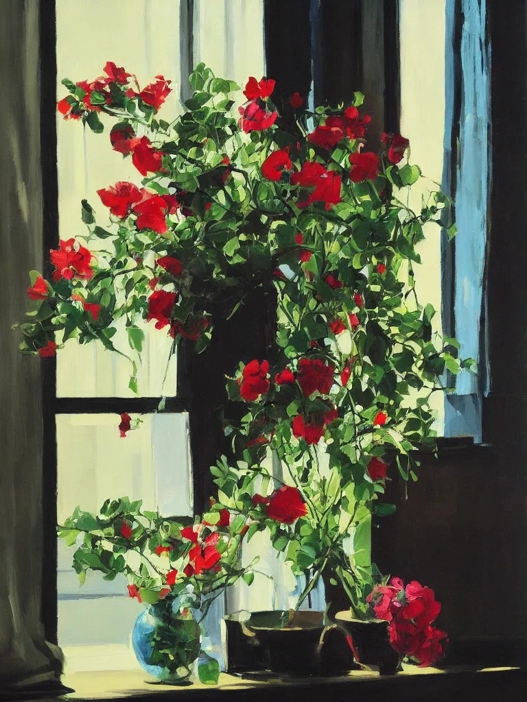 Prompt: gorgeous flowers by Ben aronson, oil on canvas, evening, window with art nouveaucurtains