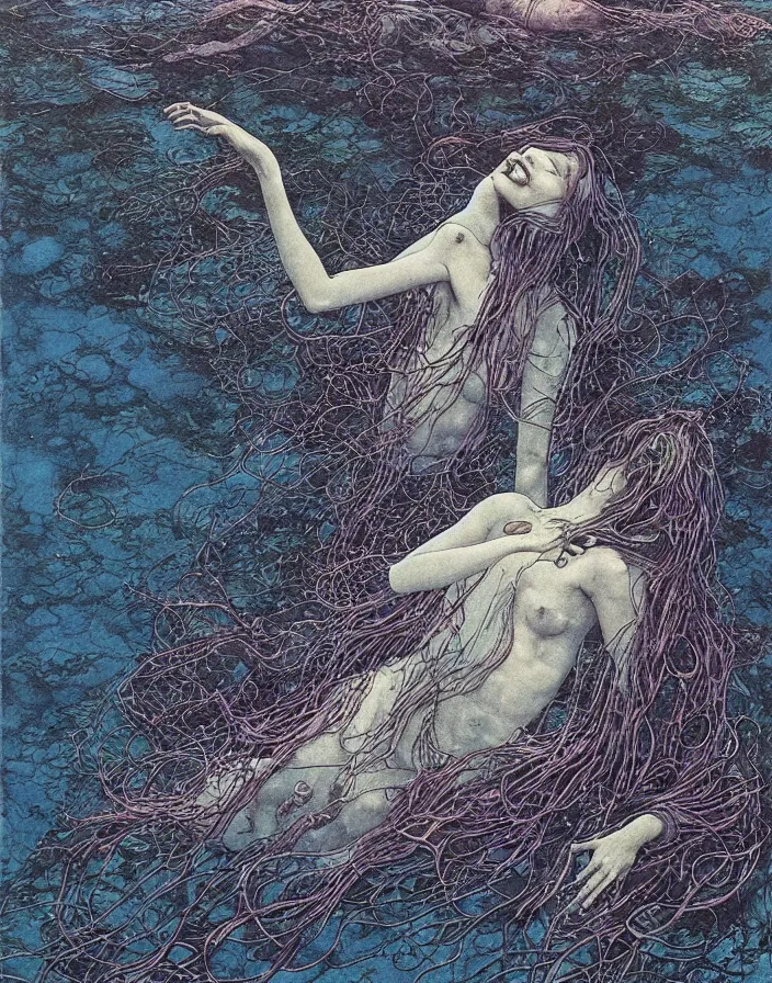 Image similar to a mermaid swimming deep underwater amongst seaweed and sea creatures, mermaid, high detailed beksinski painting, part by adrian ghenie and gerhard richter. art by takato yamamoto. masterpiece, dark and moody, deep colours, blue