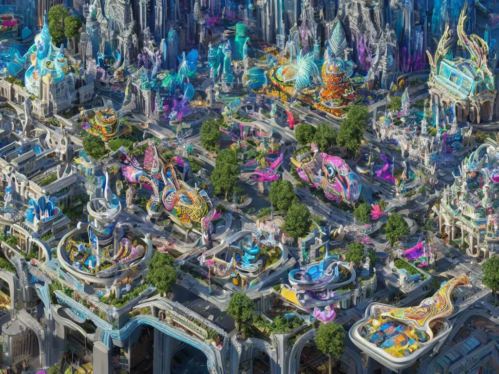 Image similar to a busy elaborate ornate outdoor city center museum, cinematic, huge structures, shadows, 4 k, detailed, by zaha hadid and lisa frank and peter jackson and ridley scott and beeple and greg rutowski