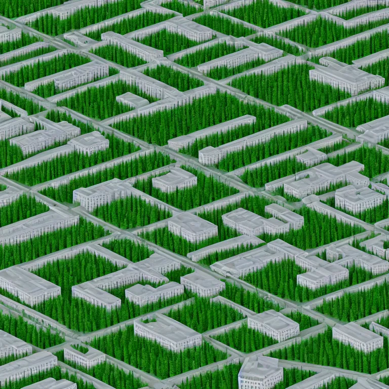Image similar to Photo of one-point perspective to the center of the frame, ground level view of soviet town, infinitely long soviet panel buildings. A perfect green lawn in the center of the frame. High detail, details, ultra realistic render, octane, 3D, photorealism, symmetric, cloudless-crear-sky, cinematic