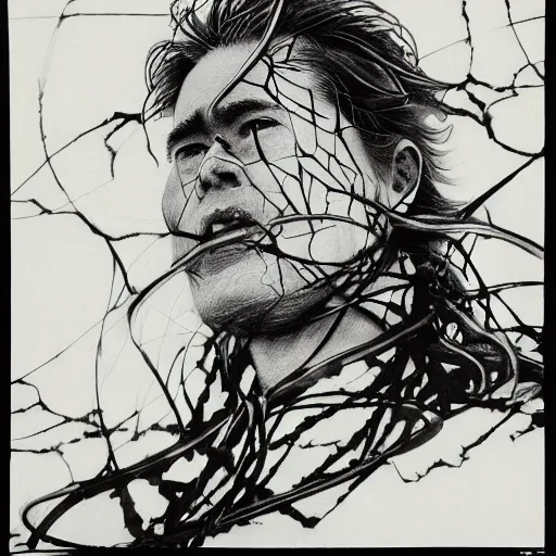 Image similar to Yoshitaka Amano realistic illustration of jeb bush ,hair fluttering in the wind, cracks on his face wearing Elden ring armour with engraving, abstract black and white patterns on the background, noisy film grain effect, highly detailed, Renaissance oil painting, weird portrait angle, blurred lost edges, three quarter view