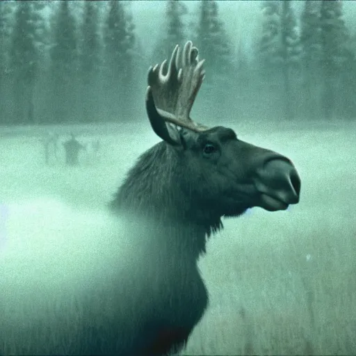 Image similar to polaroid of a moose with a cheeky smile, foggy, cinematic shot, photo still from movie by denis villeneuve, wayne barlowe