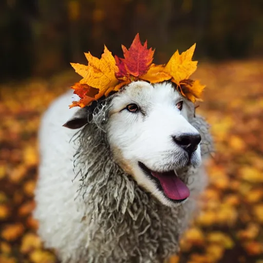 Prompt: sheep dog in autumn wearing a crown of leaves