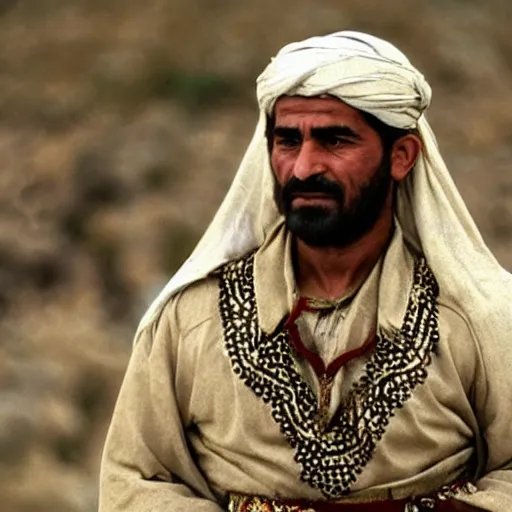 Prompt: Close up of a Kurdish shepherd wearing Kurdish Kurdish Kurdish clothes in a movie directed by Christopher Nolan, movie still frame, promotional image, imax 70 mm footage