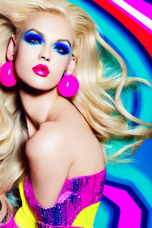 Image similar to Blonde woman with Hollywood wave hairstyle in rave dress, bright colors, rave style, dynamic pose, Big earrings, many details, photo for a magazine, photo for a store, fashion photography, Vogue, cinematic, hyper realism, high detail, 8k, very coherent symmetrical work, perfect face model, full length photo, Upper and lower body, white skin tone, white eyes, photographer style by Nik Night Erik Madigan Hec and Walter Chin and Camilla Akrans and Miles Aldridge