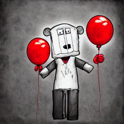 Prompt: surrealism grunge cartoon portrait sketch of a teddy bear with a wide smile and a red balloon by - michael karcz, loony toons style, minecraft style, horror theme, detailed, elegant, intricate