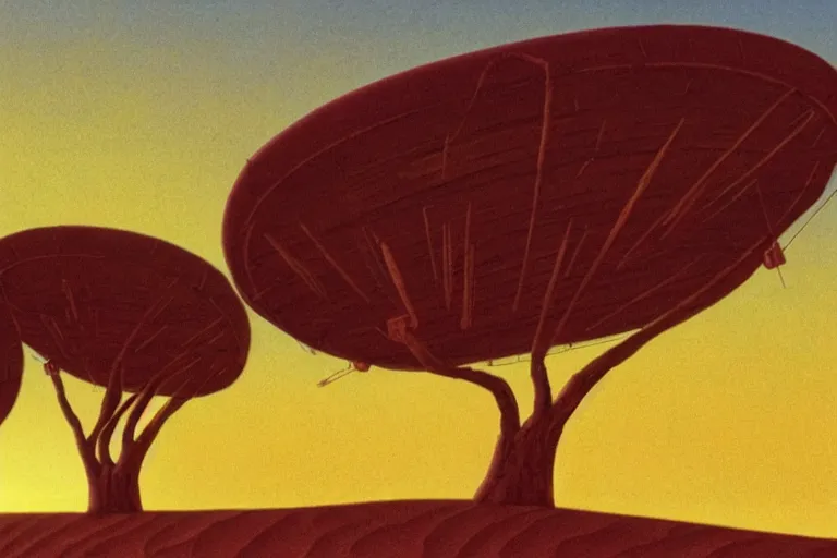 Image similar to giant wheels roll toward a golden desert sunset, cinemascope, studio ghibli, widescreen