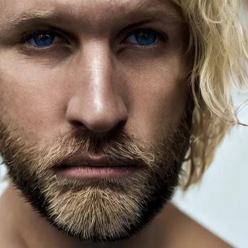 Image similar to close up of face of 4 0 year old anglo slavic blond man with blond stubble, very short wavy blond hair, very dark blue eyes, portrait, 4 k