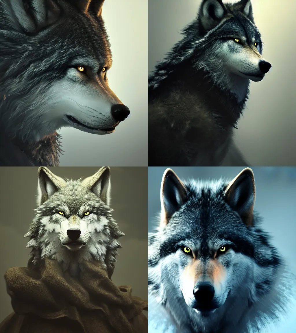 Prompt: fantasy wolf portrait, eye contact, Ruan Jia, Mark Brooks and Brad Kunkle, featured in artstation, octane render, cinematic, elegant, intricate, 8k