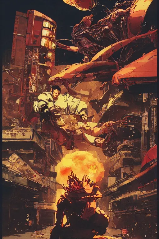 Prompt: full page illustration, tetsuo psychokinesis vs tanks in the neon-lit streets of neo tokyo, fish eye lens, Katsuhiro Otomo, Phil hale, Mike Mignola, Ashley wood, Ilya repin, frank frazetta, 8k, hd, high resolution print