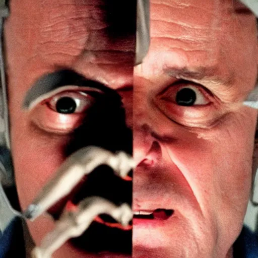 Image similar to Jack Nicholson starring as Hannibal Lecter in The Silence of the Lambs, wearing mask, cinematic frame