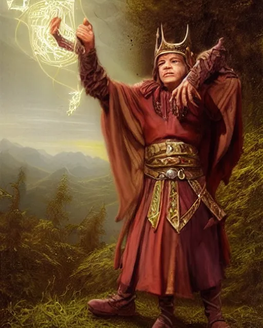 Image similar to A halfling wild magic sorcerer. He is wearing a cloak with glowing runes on it and a crown. He is frowning seriously. He is preparing to cast a spell to banish the old gods. He is standing in spell circle. Award winning realistic oil painting by Thomas Cole and Wayne Barlowe