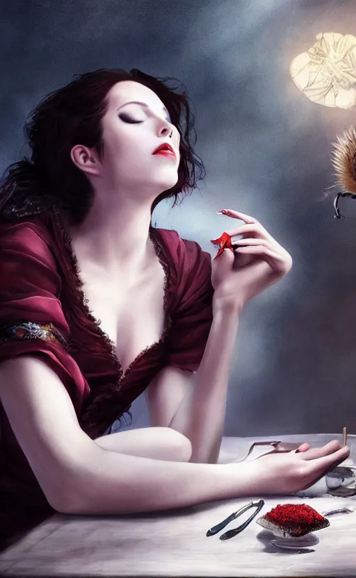 Image similar to a beautiful lady vampire falling asleep at a table, cinematic, art, epic, digital masterpiece, romantic lighting, pet hedgehog