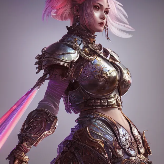 Image similar to studio portrait of lawful good colorful female holy mech paladin as absurdly beautiful, elegant, young sensual pretty woman, ultrafine hyperrealistic detailed face illustration by kim jung gi, irakli nadar, intricate linework, sharp focus, bright colors, matte, octopath traveler, final fantasy, unreal engine highly rendered, global illumination, radiant light, intricate environment